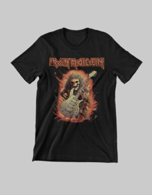 Black Iron Maiden t-shirt for kids with Eddie artwork and band logo in red.