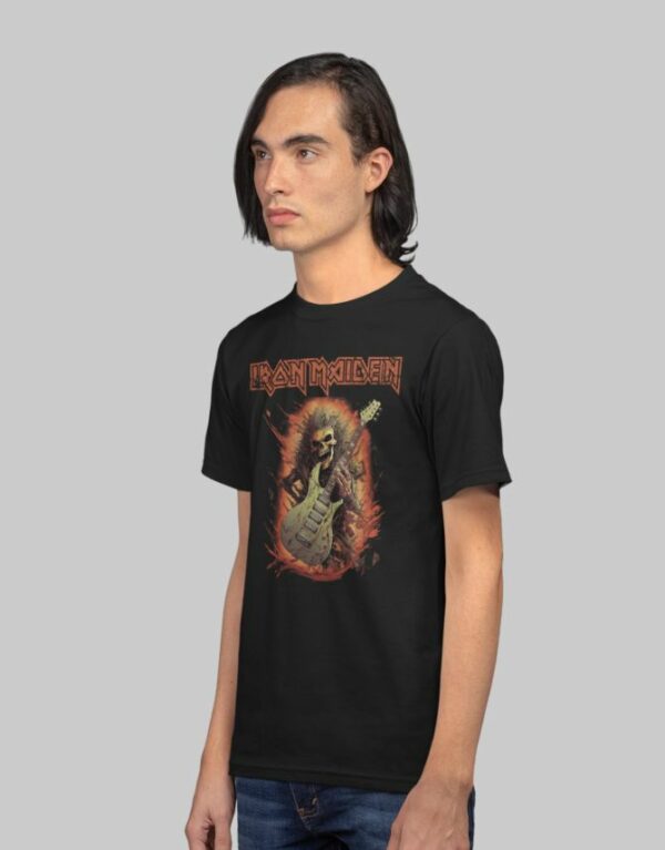 Black Iron Maiden t-shirt with Eddie artwork and band logo in red.